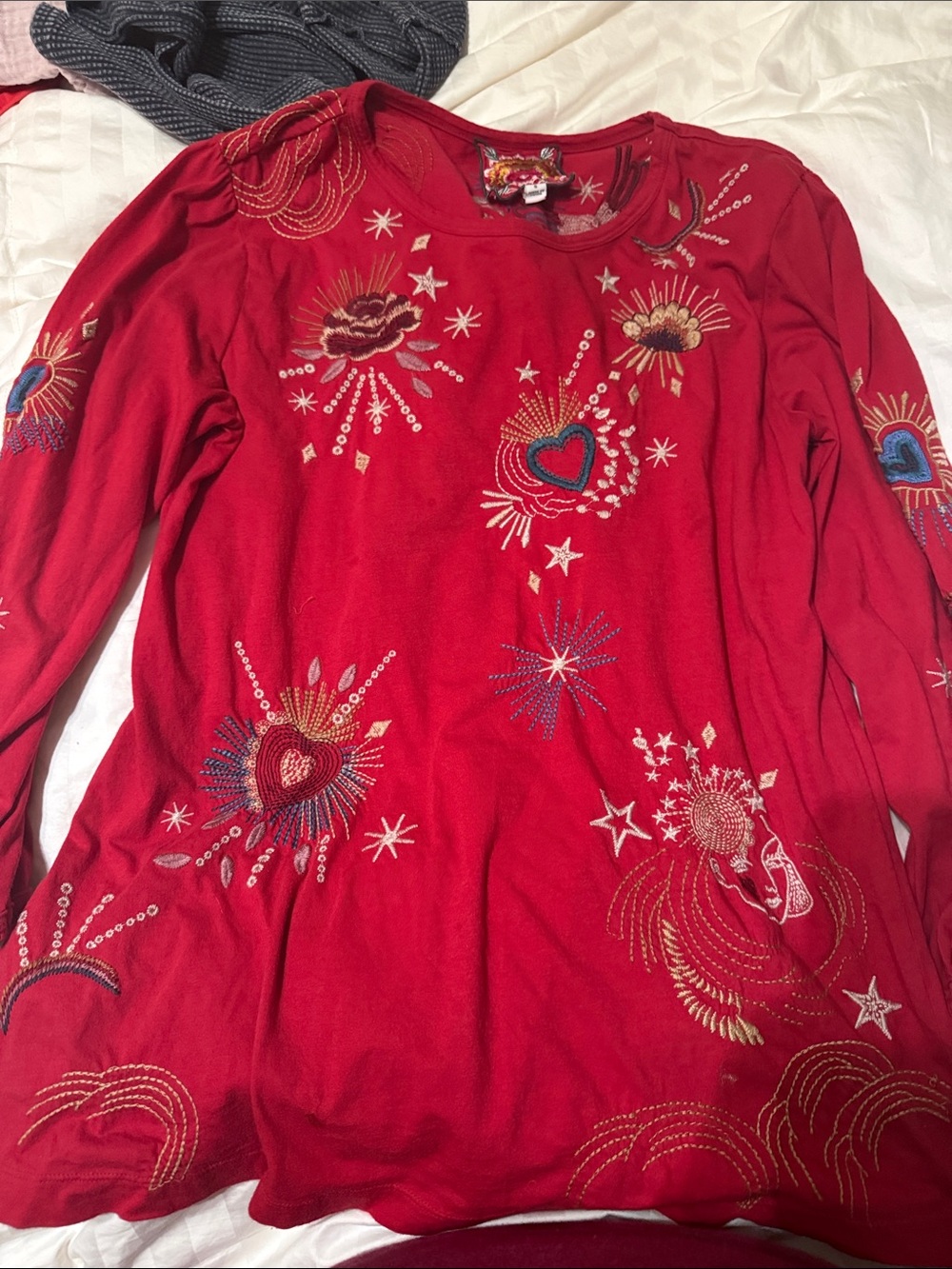 Johnny Was Red Embroidered Heart & Star Long Sleeve Top